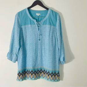 J. Jill Peasant Aegean Sea Boho Tunic Blue Top w Silver Tie Detail Size M
